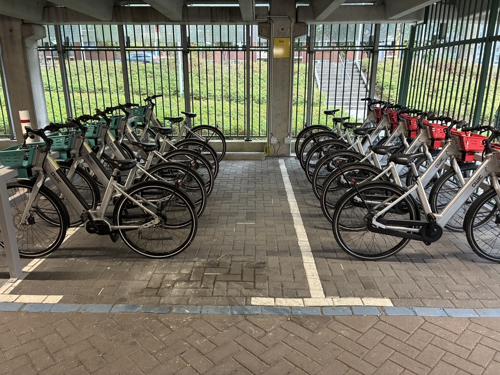 Twee rijen fietsen op Dek 1: e-bikes met groene manden links, gewone fietsen met rode manden rechts